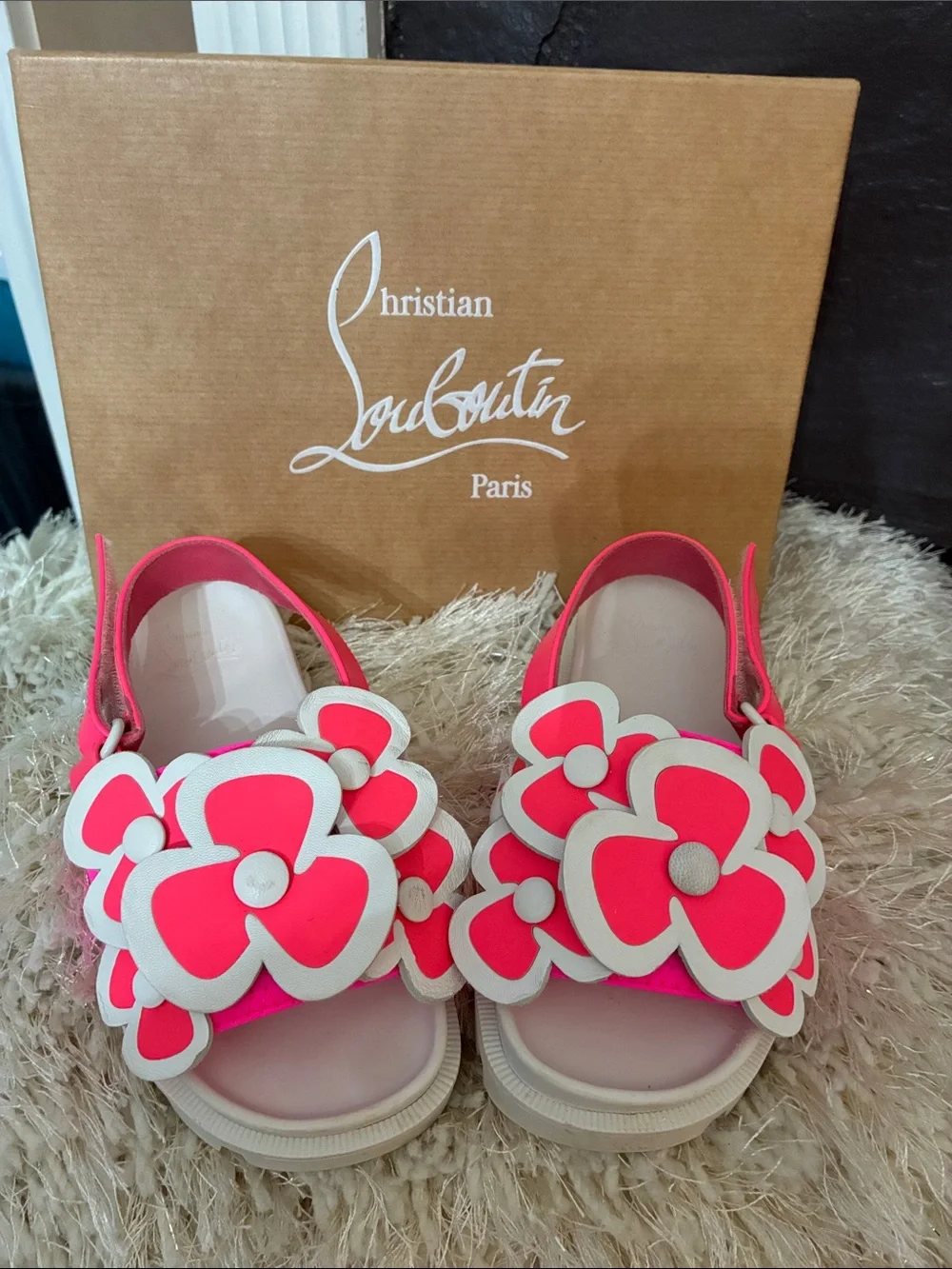 Christian Louboutin Kids Hot Pink and White Floral Sandals